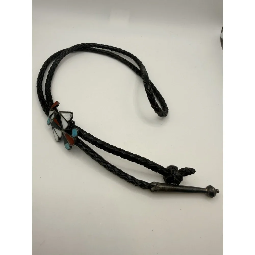 Vintage Native American Zuni Bolo Tie Thunderbird Turquoise Inlay Leather READ